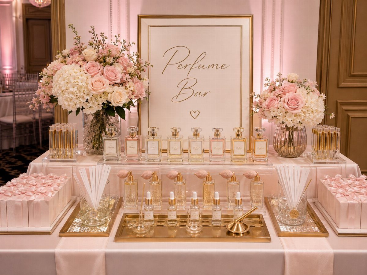 Perfume bar with glass bottles, pink flowers, and a framed sign on a table.