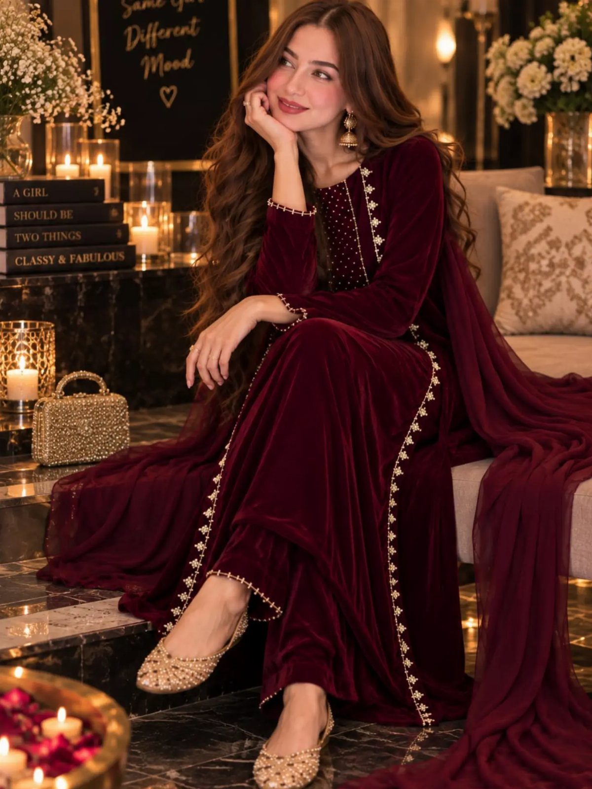 Woman in a burgundy velvet embroidered dress and shawl sitting among candles.