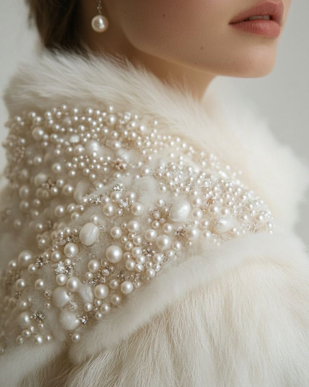 White faux-fur wrap embellished with pearls and crystals worn by a woman.