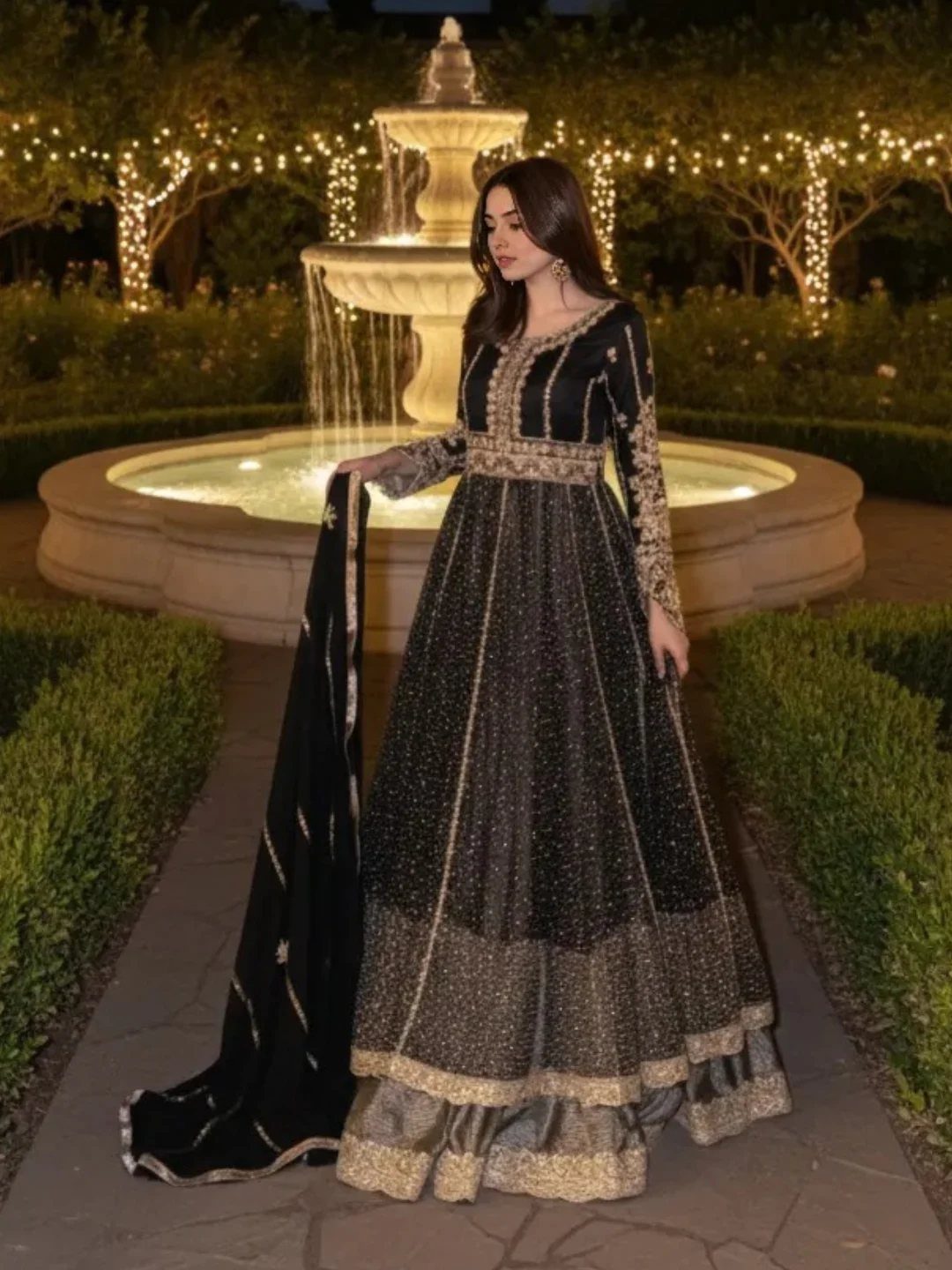 Woman in a black and gold embroidered gown standing before a lit fountain.