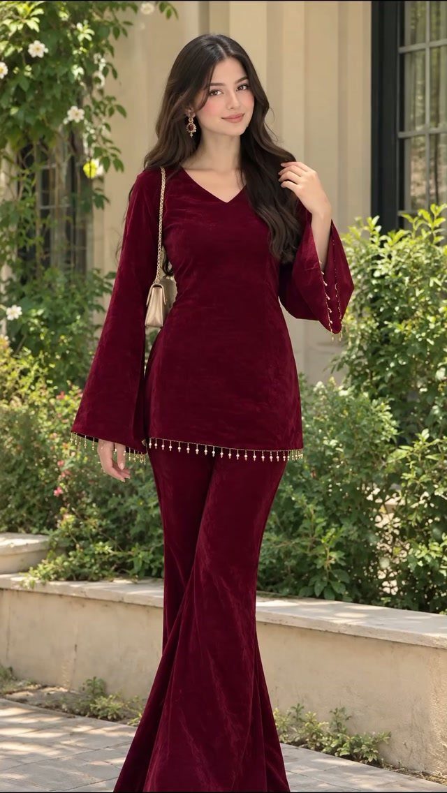 Woman in a deep red velvet tunic and trousers standing outdoors by greenery.